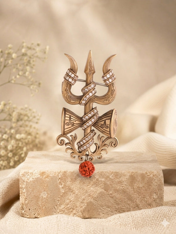 Divine Shiva Trishul Damru Antique Gold Brooch for Men